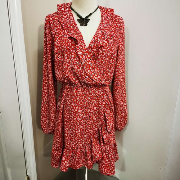 Dynamite Bright Red Floral Ruffle Wrap Long Sleeve Dress(M) - Picture 4 of 10